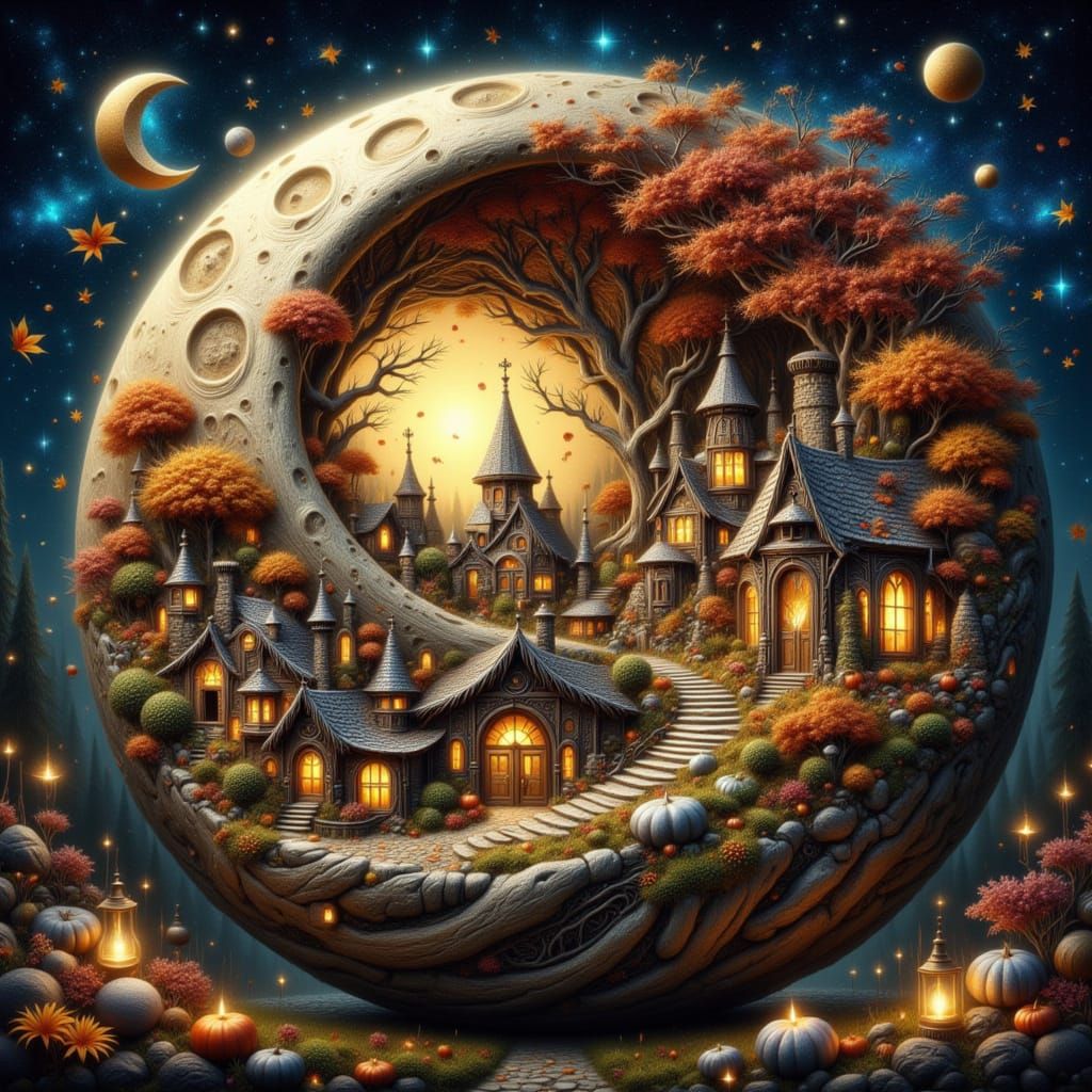 Autumn Moon Village in Dreamlike Digital Matte Painting Styl...