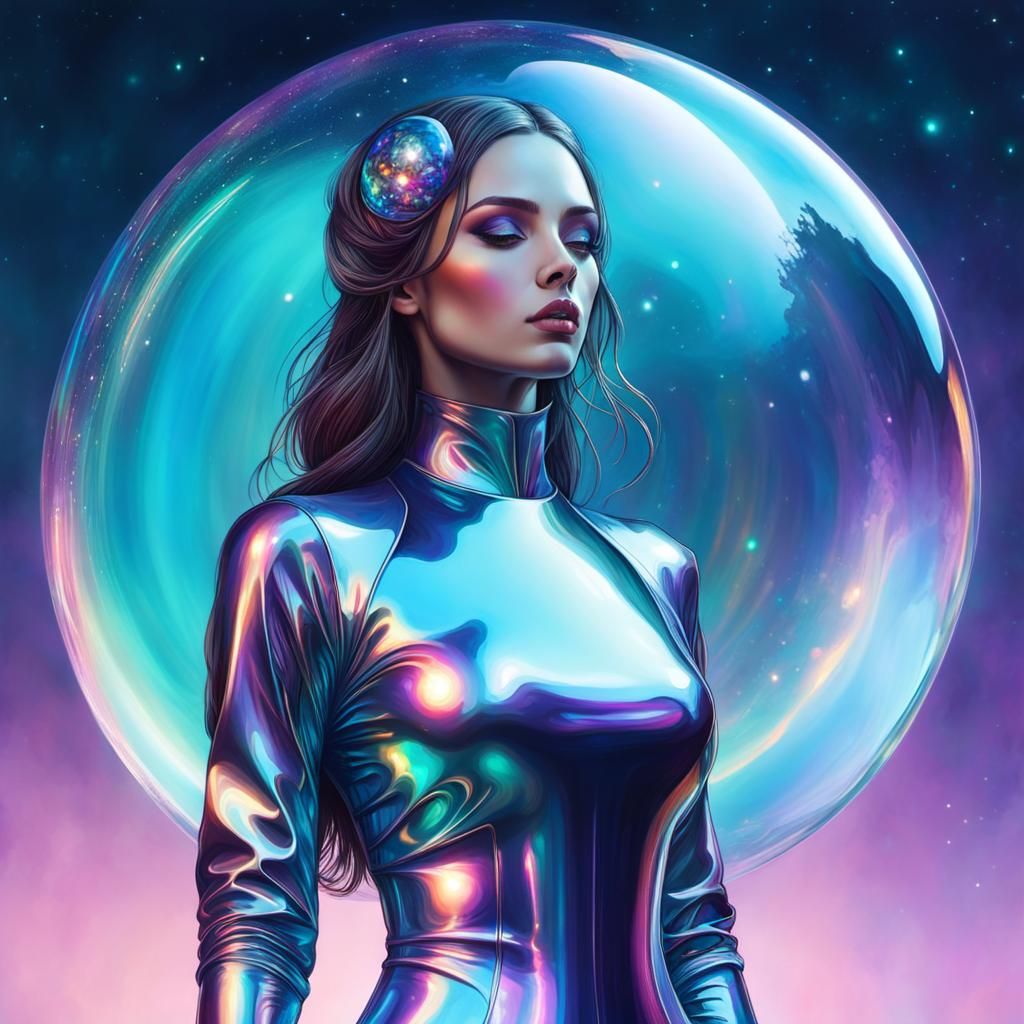 Opalescent Bubble Enclosing Girl: Digital Art
