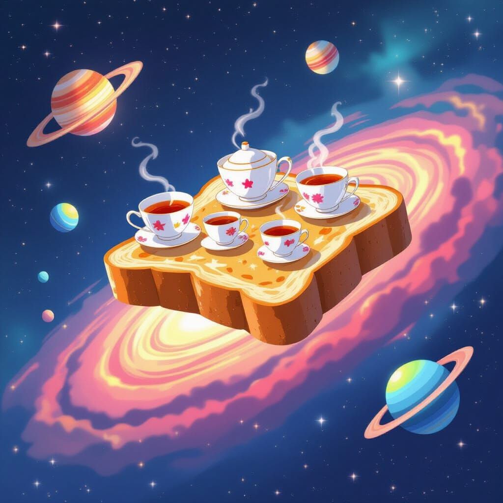 Whimsical Teacup Tea Party on Giant Toast in Galaxy