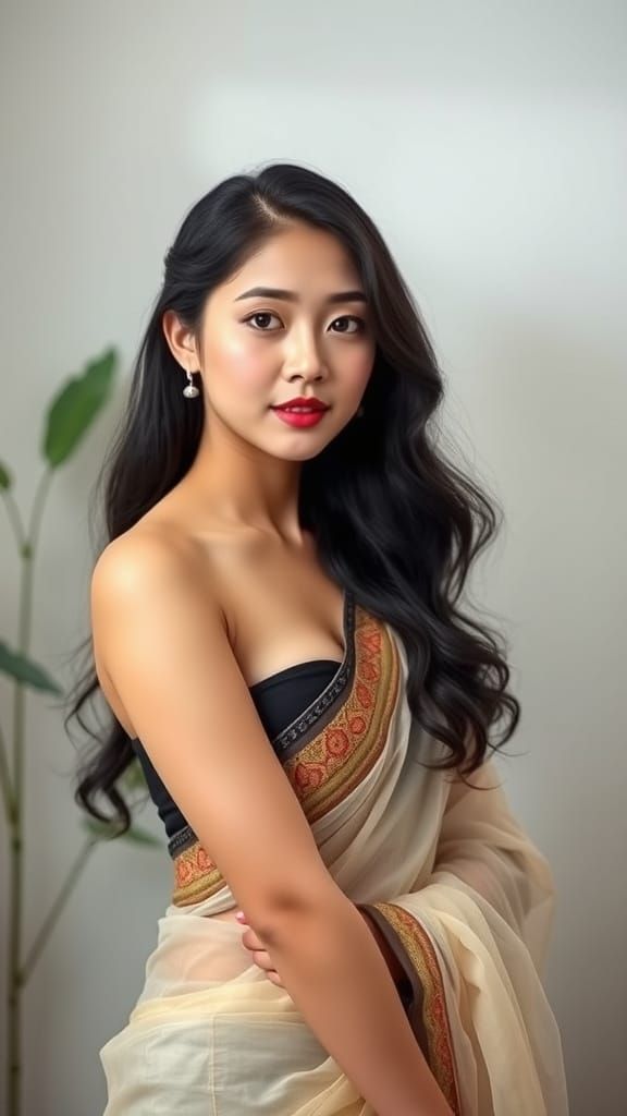 Elegant Korean Woman in Translucent Saree