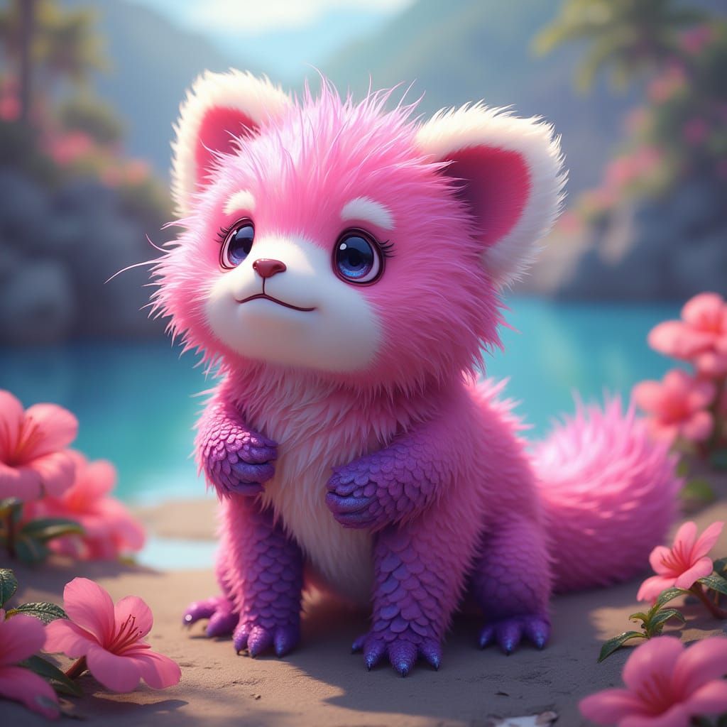 Pink Panda-Axolotl Hybrid in Iridescent Digital Art