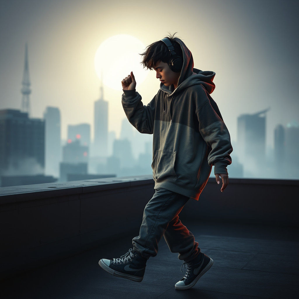 Boy Dancing on Misty Rooftop in Retro-Futuristic Style