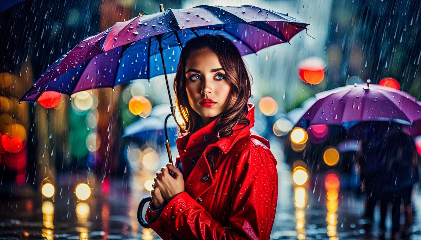 Surrealistic Girl in Rainy Cityscape, Vibrant Oil Painting