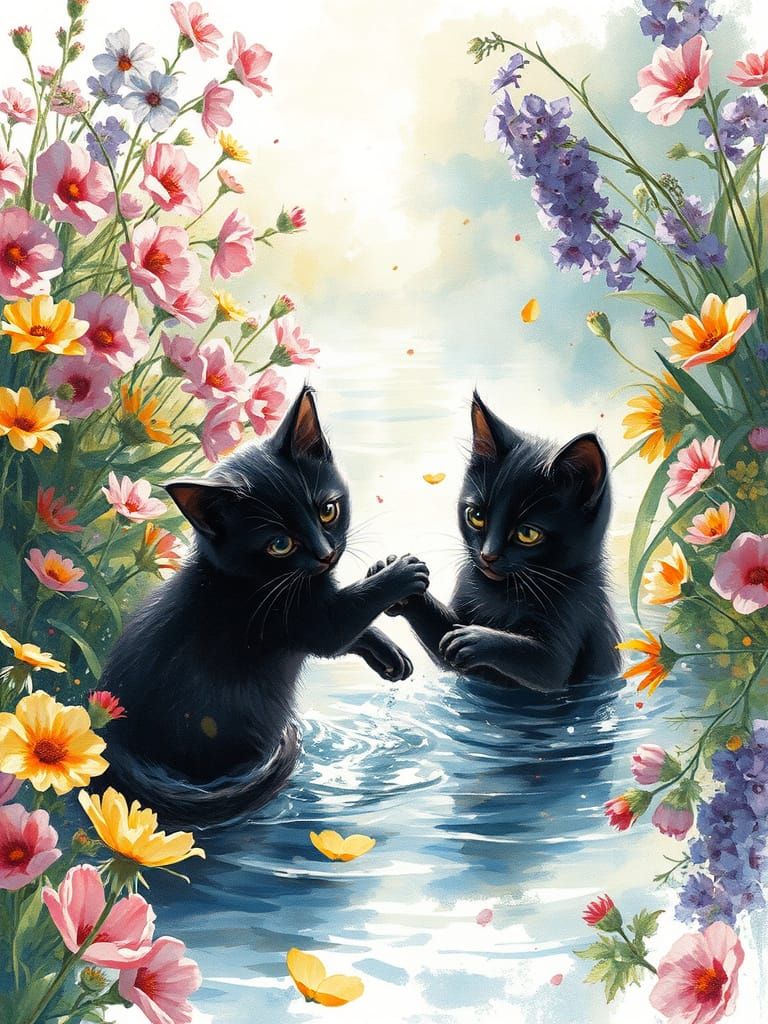 Whimsical Black Kittens in a Sunlit Garden