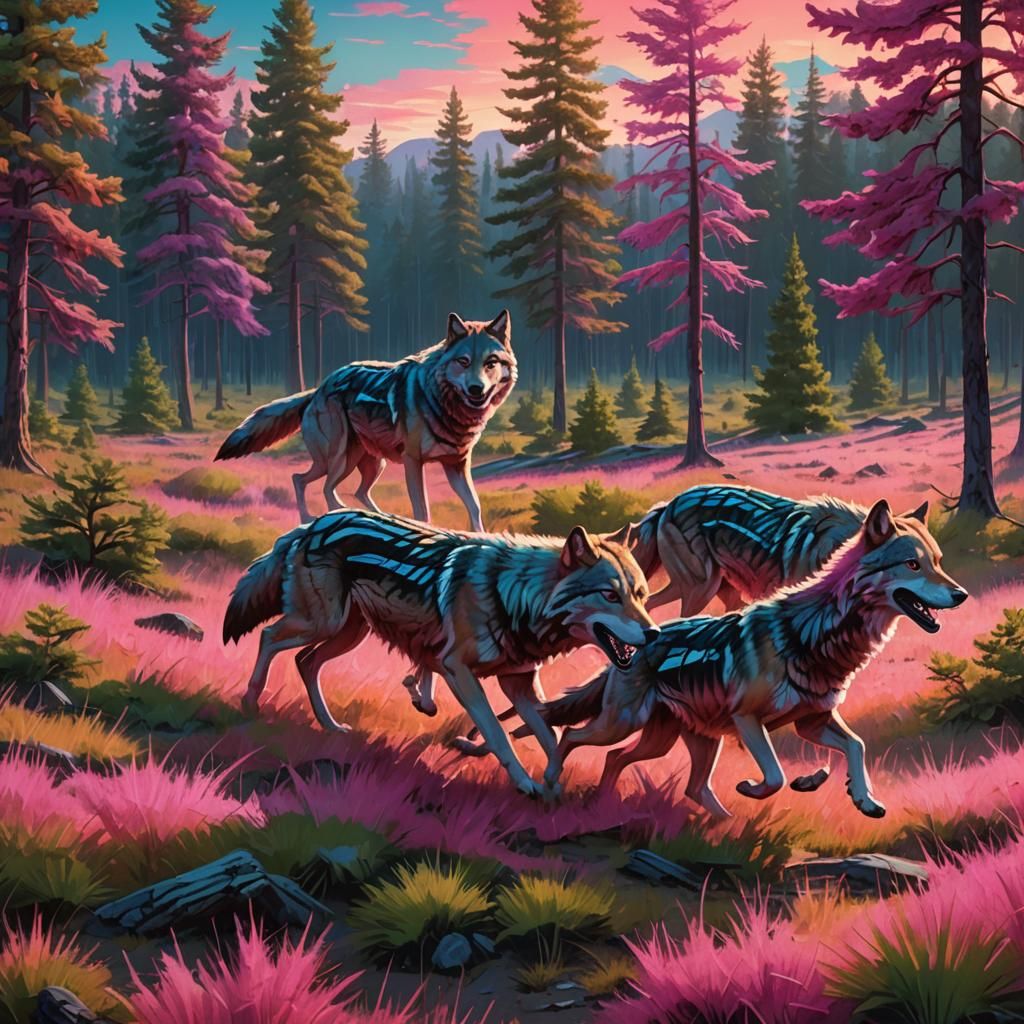 Neon Wolves Running Through a Pink Grass Field