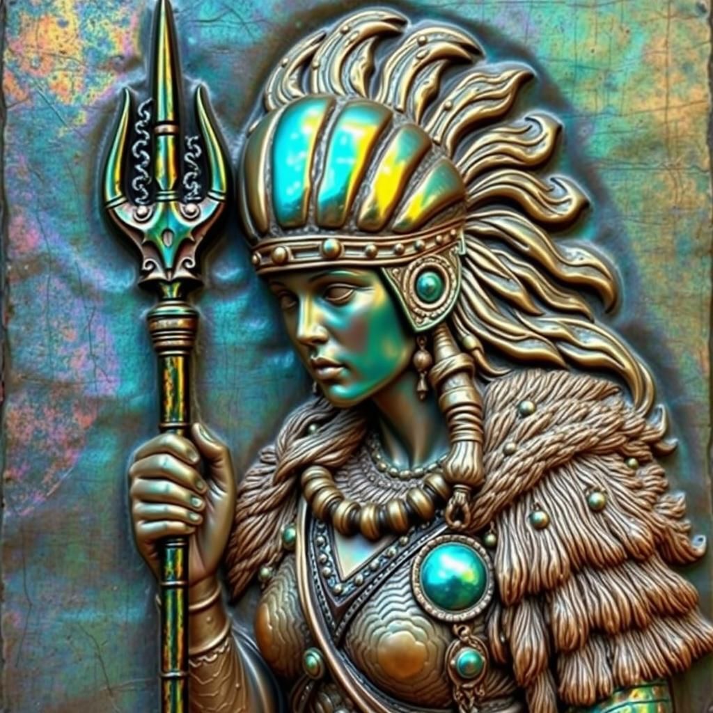 Boudica Leads Fish Men: Iridescent Ammolite Relief Carving