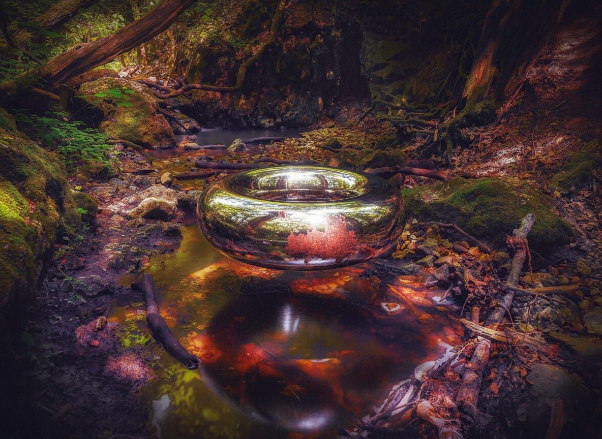 Shiny Metallic Torus Floating Above Ground