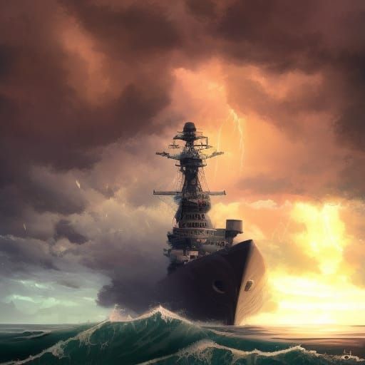 Dieselpunk Warship in Approaching Storm