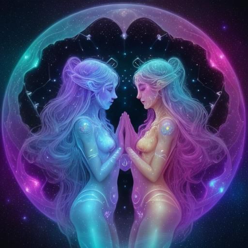 Cosmic Deities Share a Tender Moment in Astral Illustration