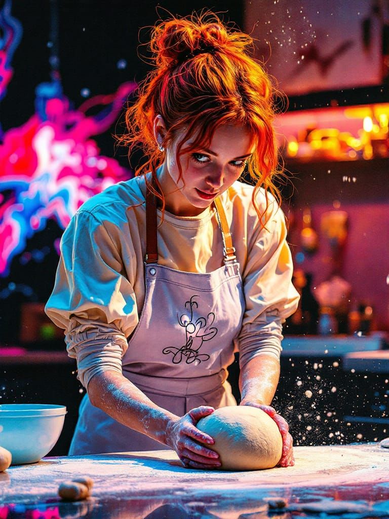 Ethereal Baker Kneads Dough in Neon-Lined Kitchen