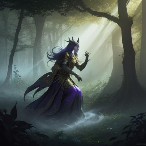 Dragonborn Druid Summons Forest Magic, Digital Art