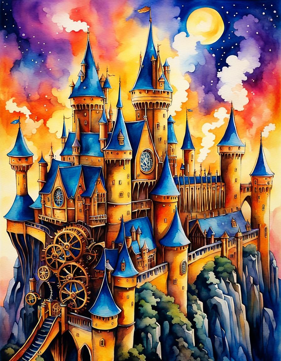 Whimsical Steampunk Hogwarts Watercolor with Flying Wizards