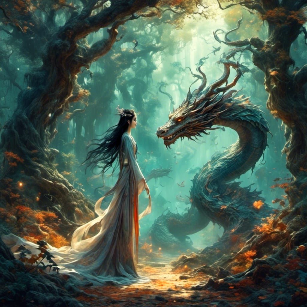 Dark Fairytale Sorceress Conversing with Dragon