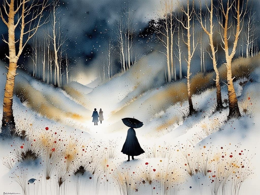 Intricate Winter Scene in Watercolor Style