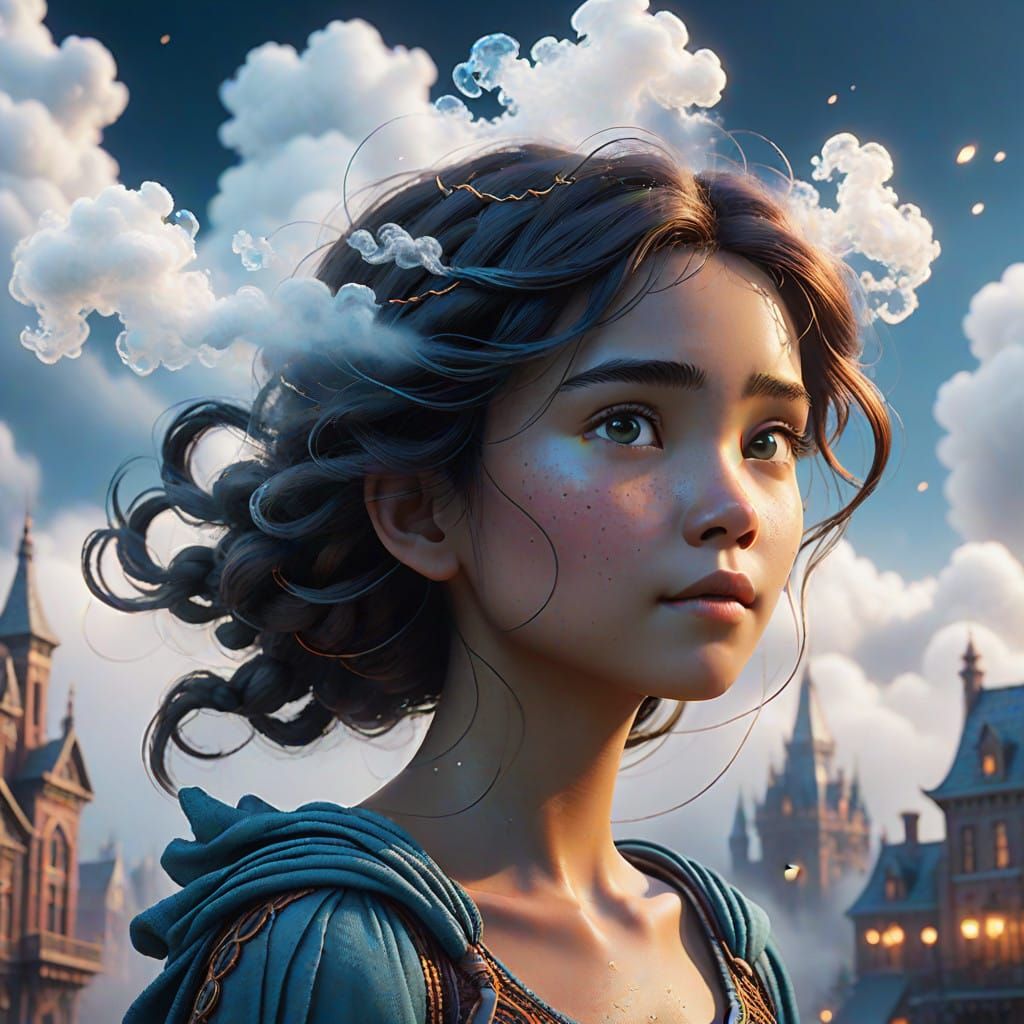 Ethereal Cloud Goddess in Whimsical Cityscape