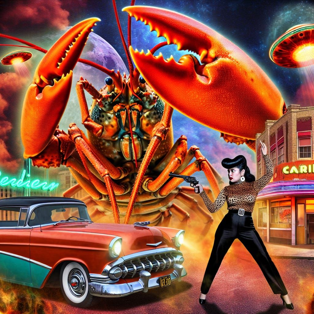 Giant Lobster Attacks 1950s City in Pop-Art Style