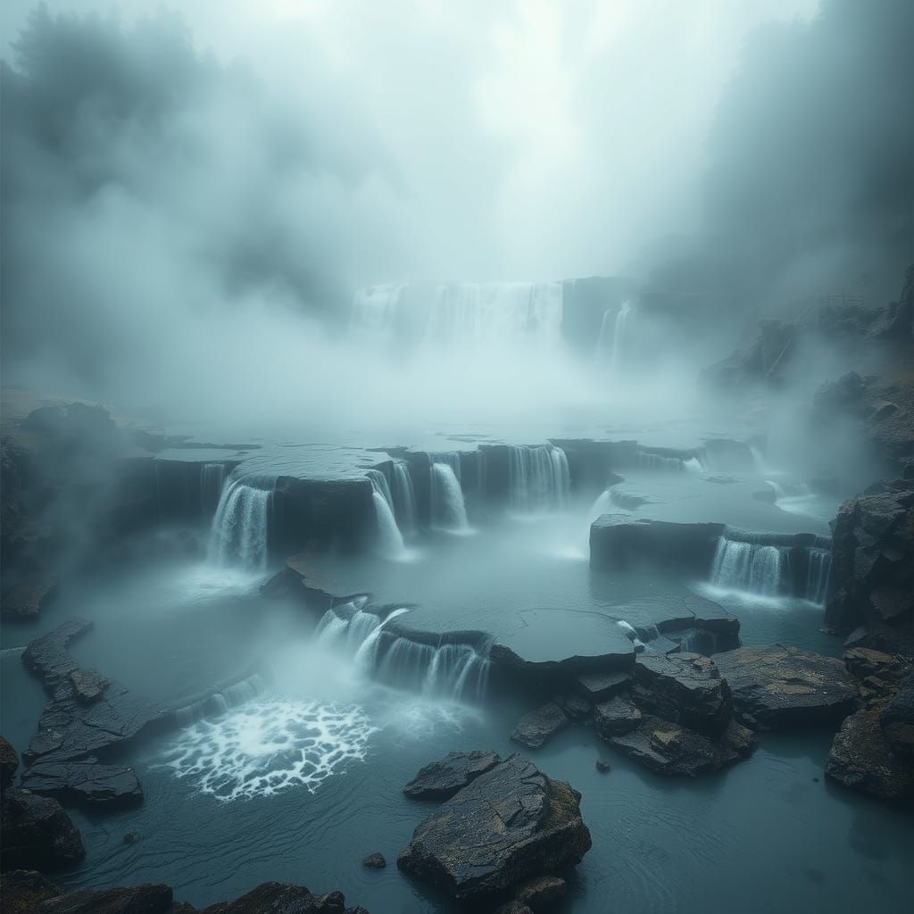 Misty, Surreal Winter Landscape with Smoke Waterfalls