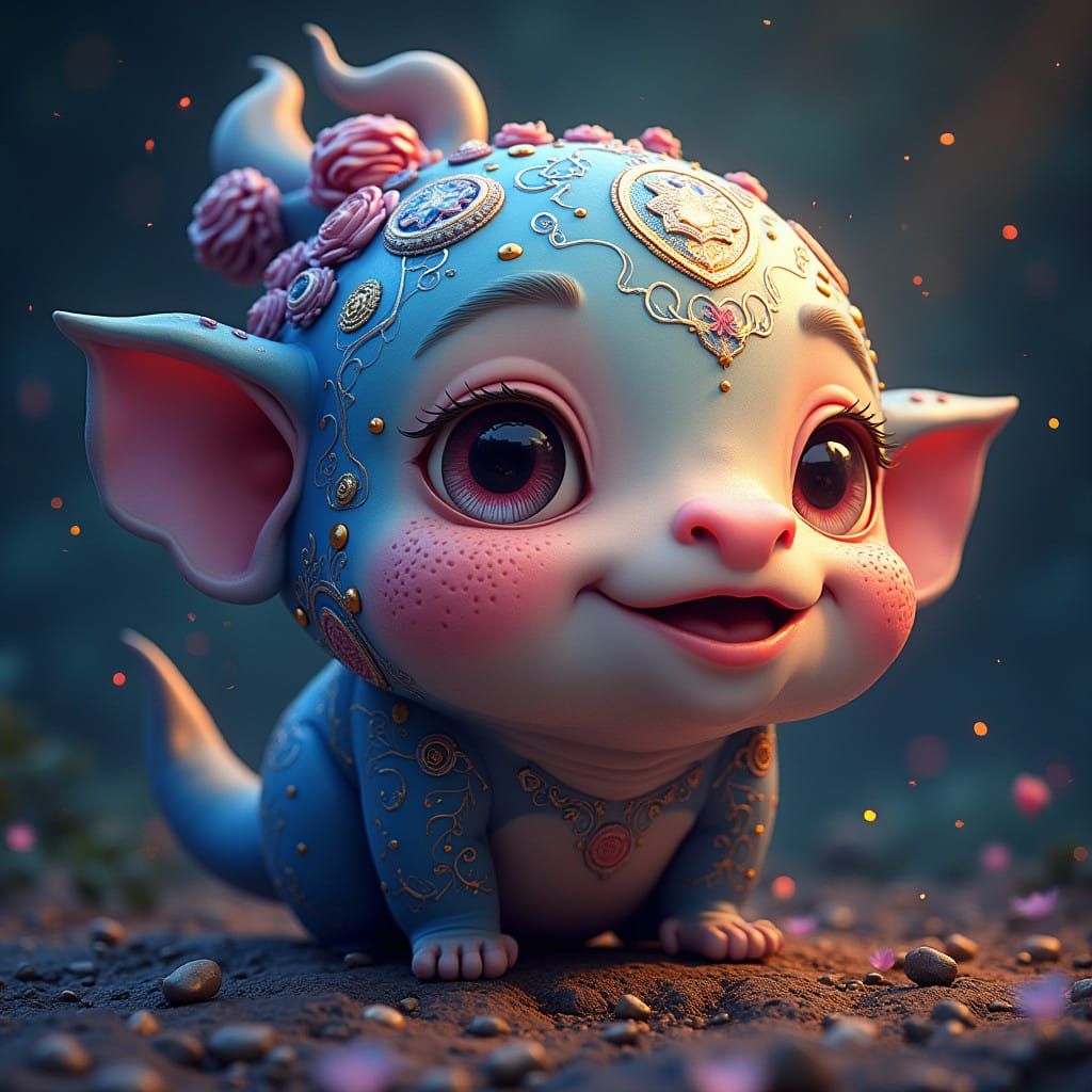 Vibrant Whimsical Head in Rich, Deep Blues and Purples