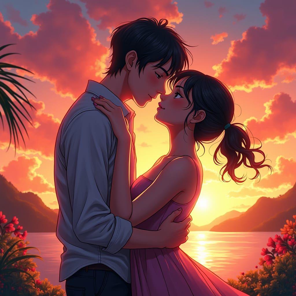 Romantic Anime Couple Embrace in Studio Trigger Style