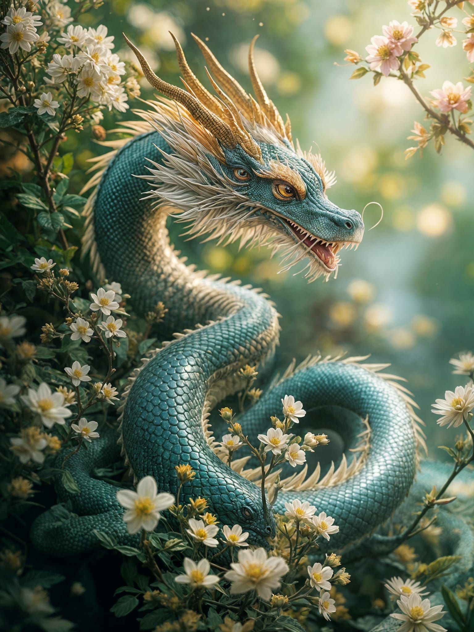 Chinese Dragon Amongst Flowers in Cinematic Style