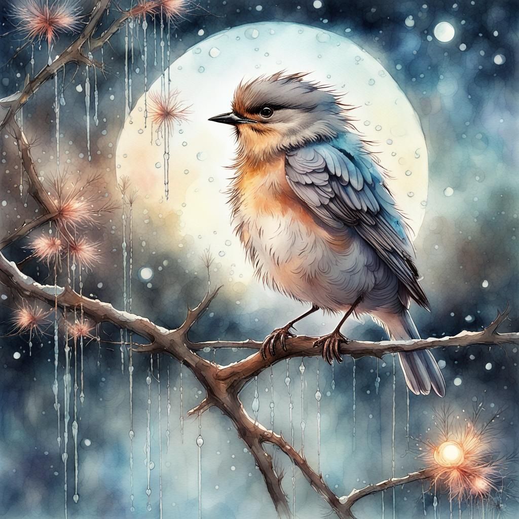 Fluffy Bird on Branch: Digital Watercolor Illustration