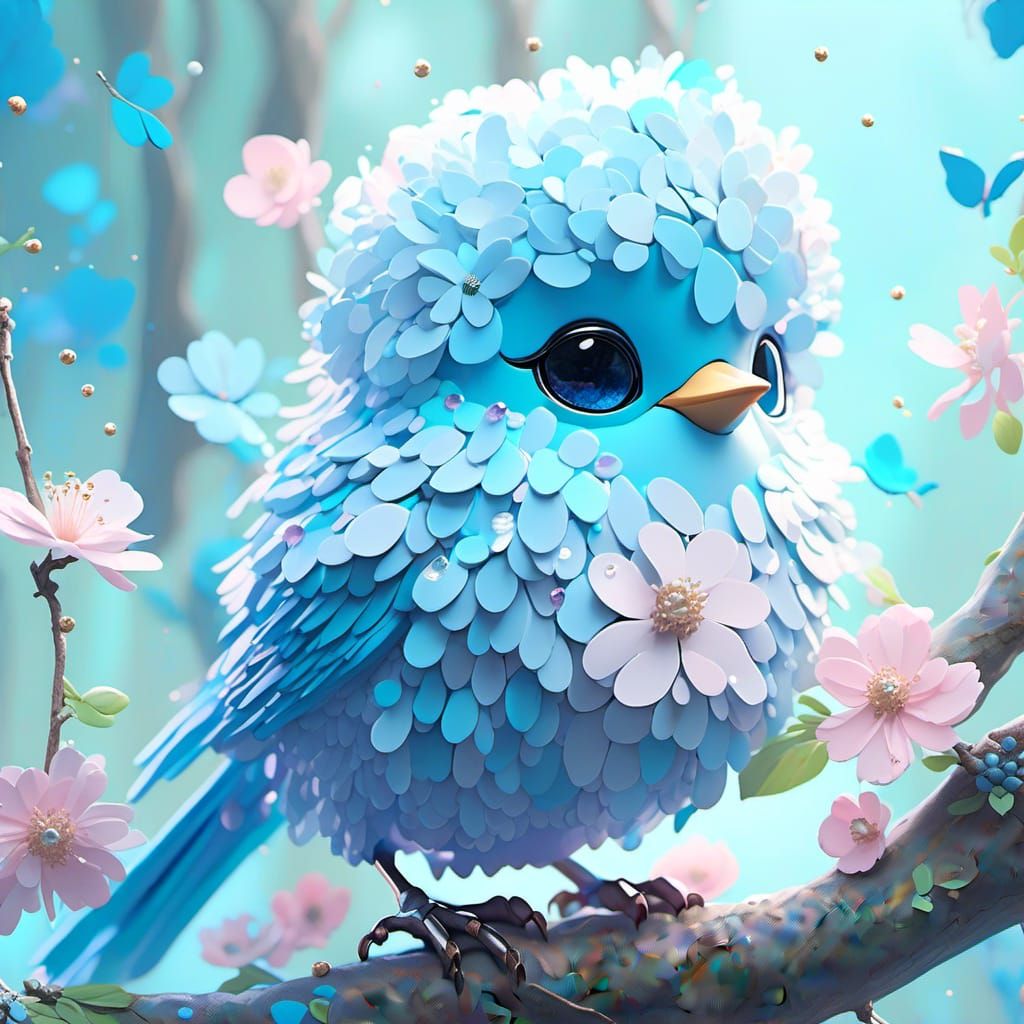 Pastel Chibi Blue Bird Portrait in Anime Style