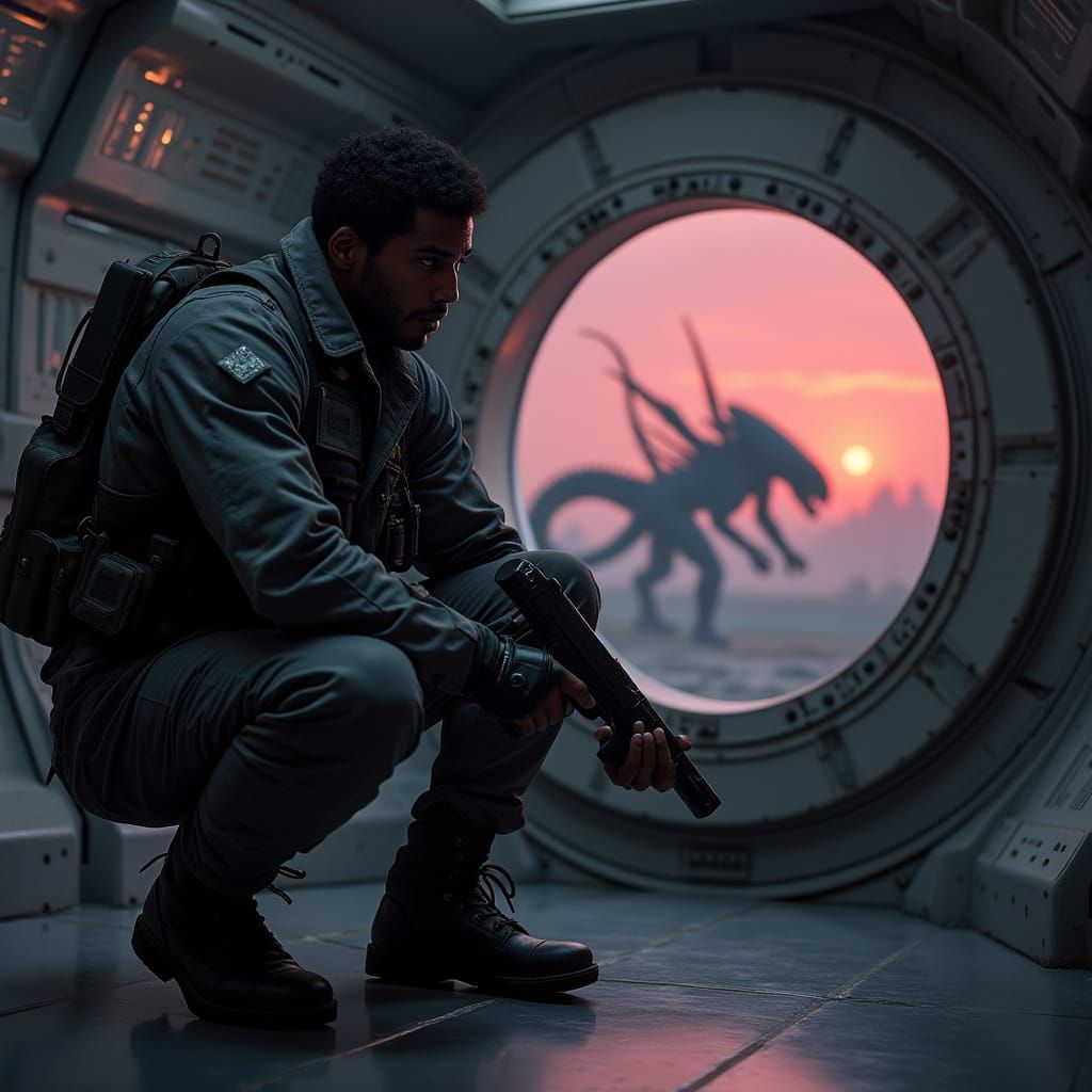 Sci-Fi Soldier Holds Pistol in Starship Corridor with Xenomo...