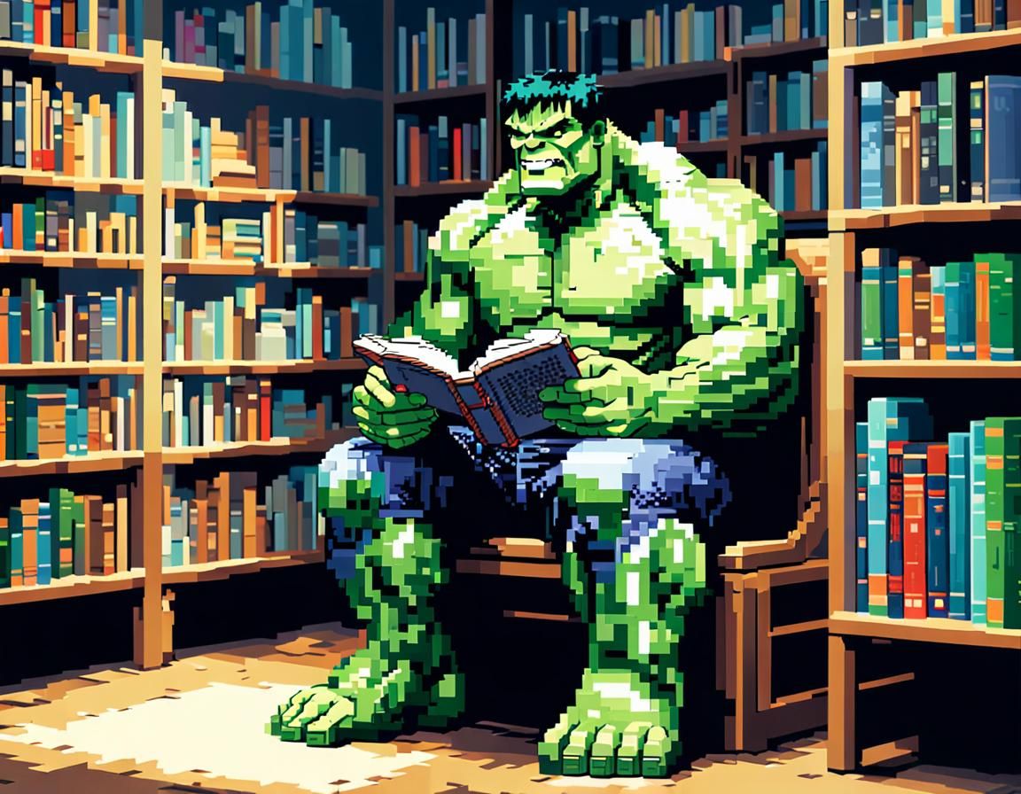 Pixelated Hulk Reading in Public Library
