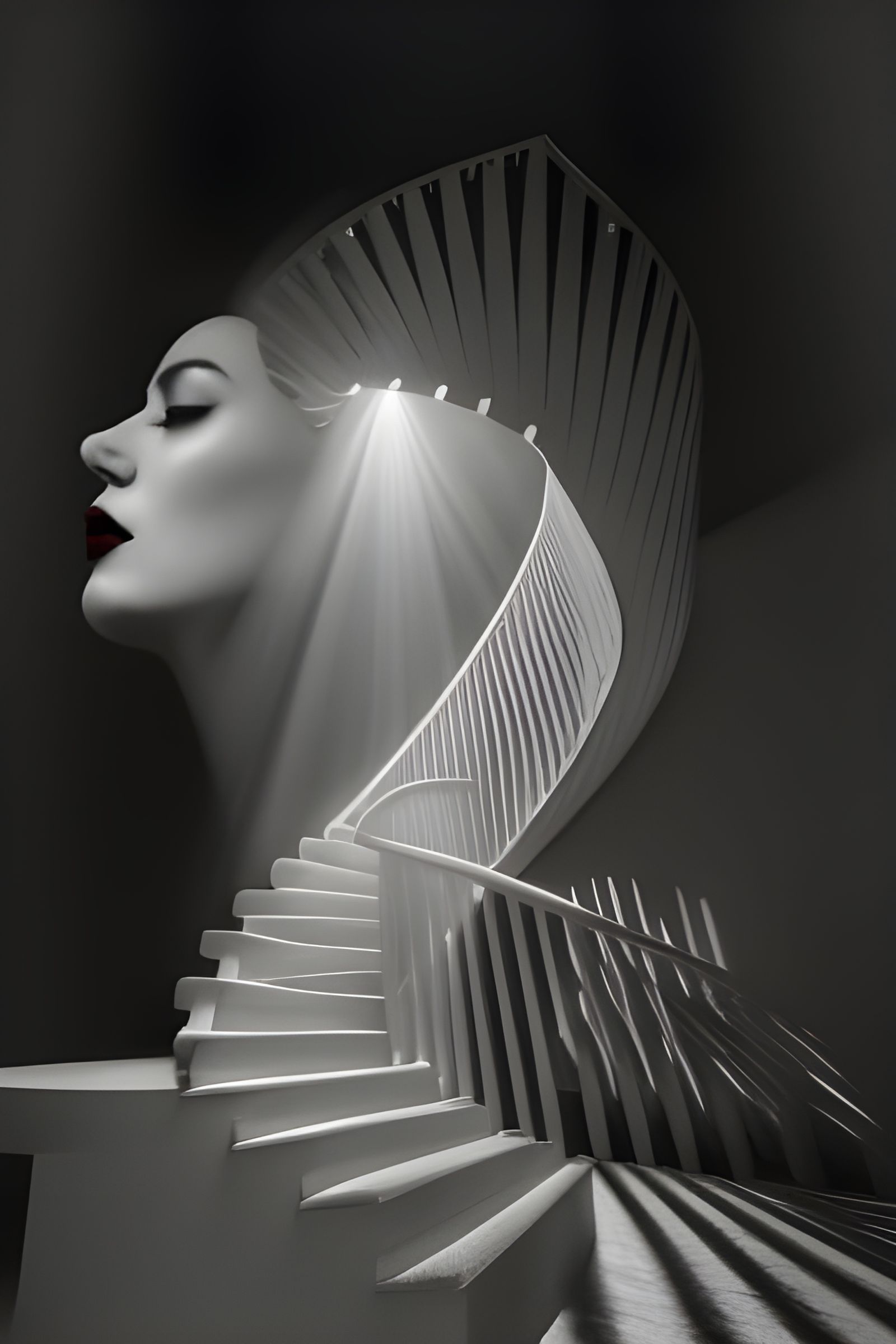 Woman Before Spiral Staircase in Black and White