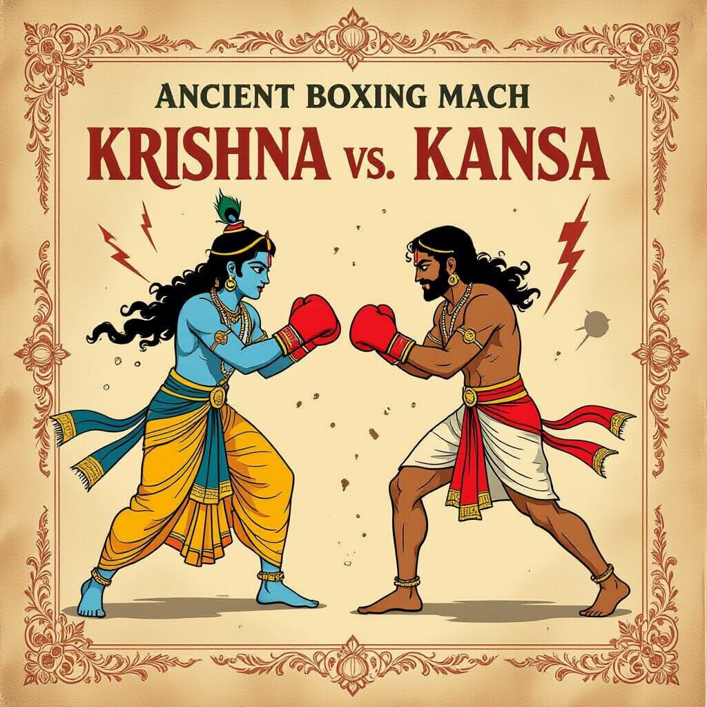 Krishna vs Kansa Boxing Match Poster in Vintage Indian Style