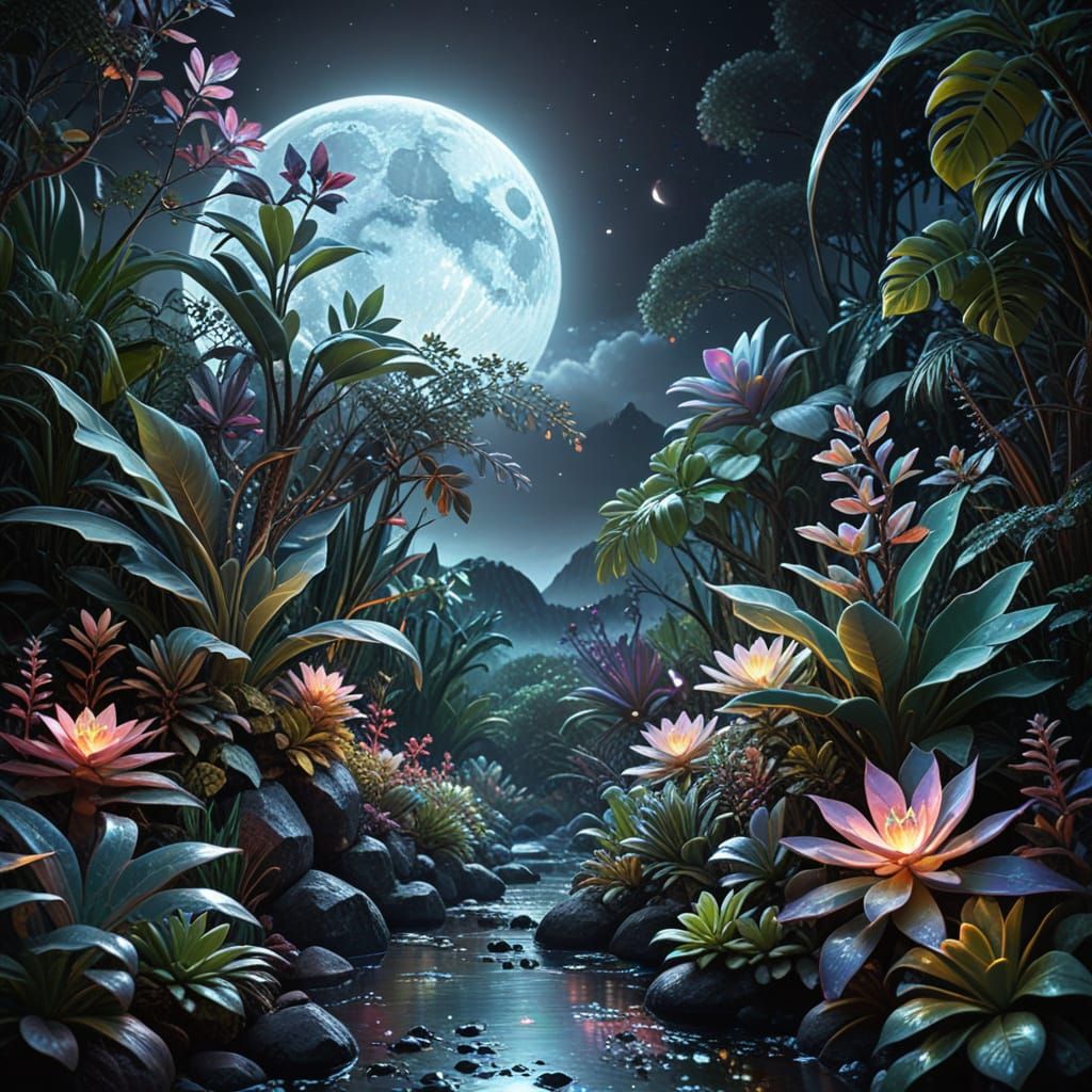 Stunning Tropical Landscape Illuminated by a Glowing Moon