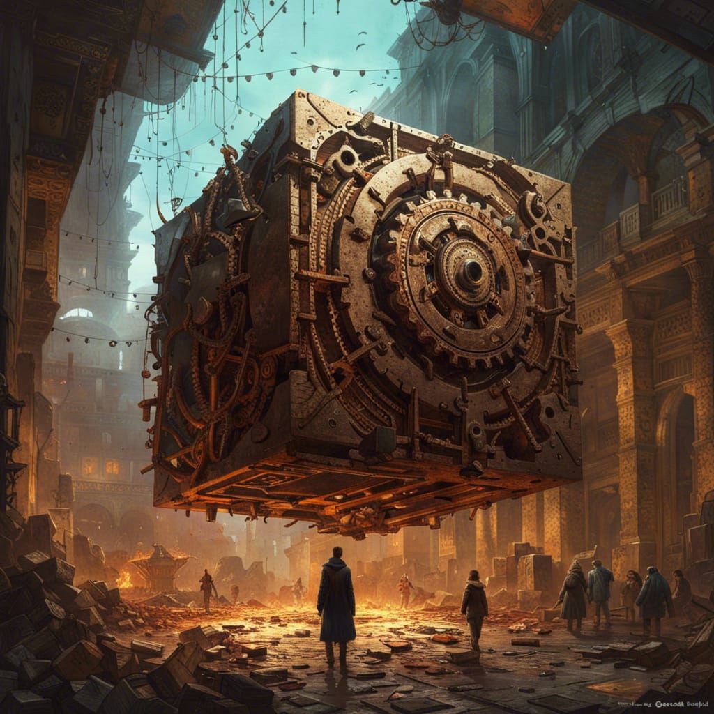 Intricate Cogs Turn Ancient Greek Labyrinth Cube