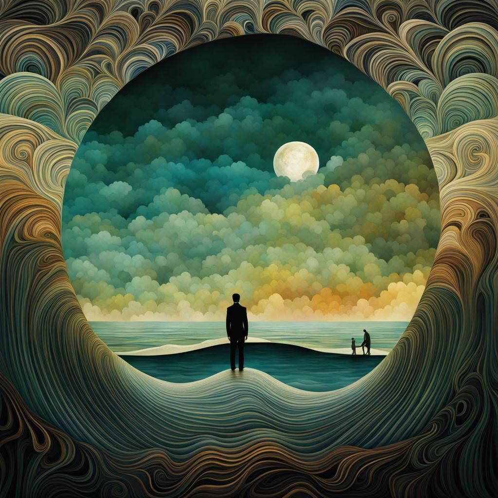 Surreal Double Exposure: Man, Beach, and Ocean