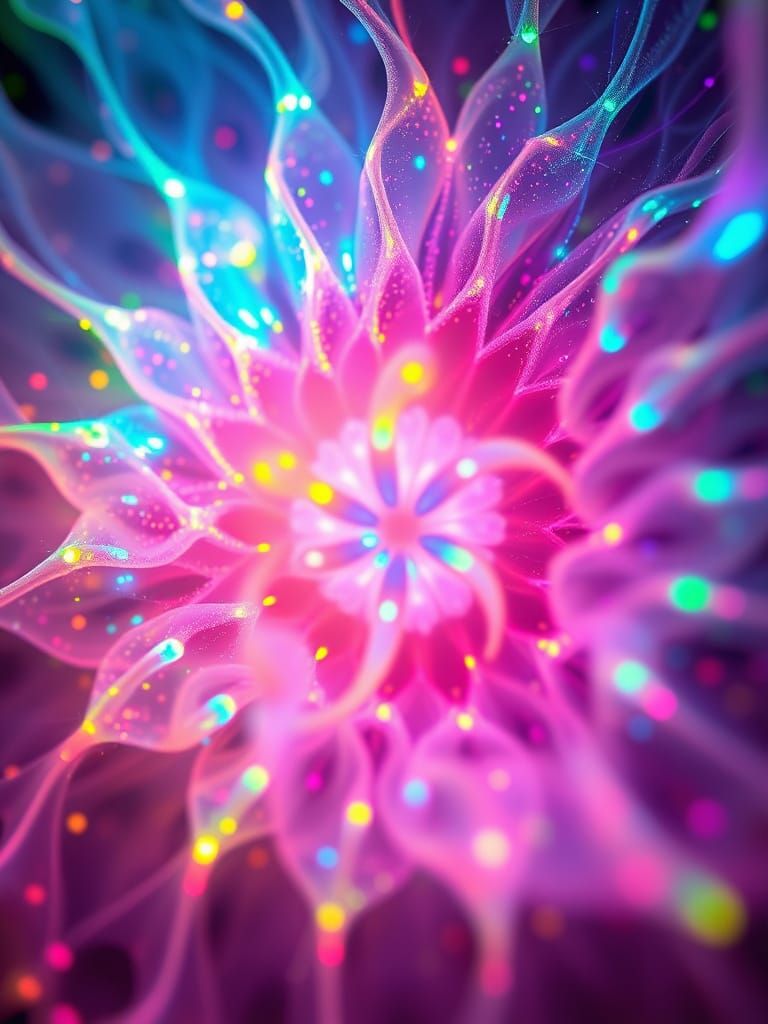 Bioluminescent Rainbow Fractal Waves in Floral Patterns