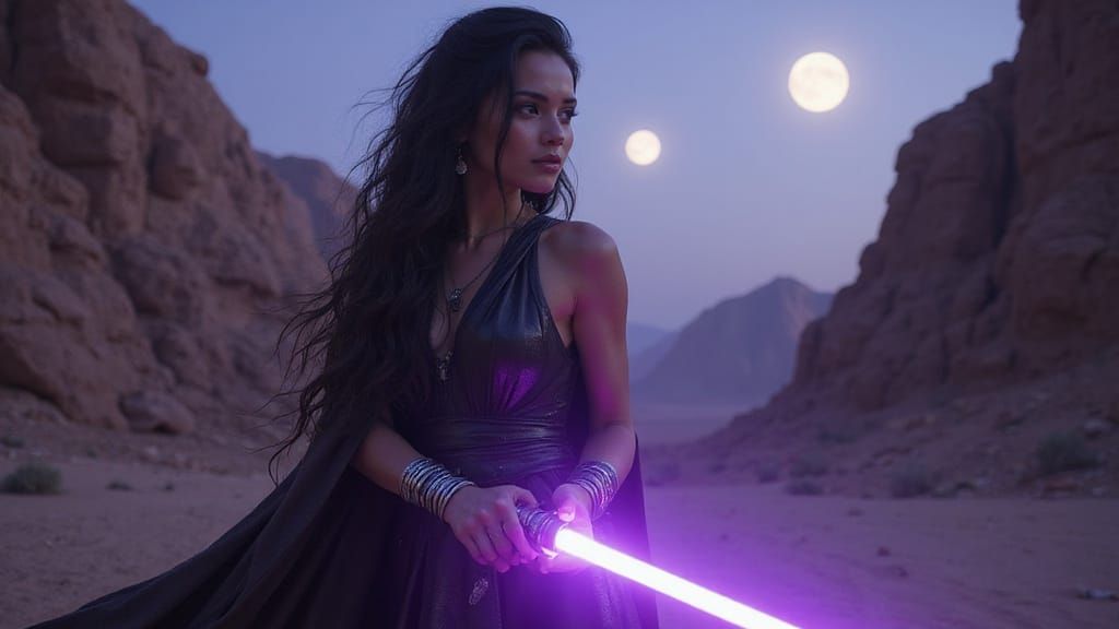 Fierce Female Jedi Warrior in Ancient Desert Canyon