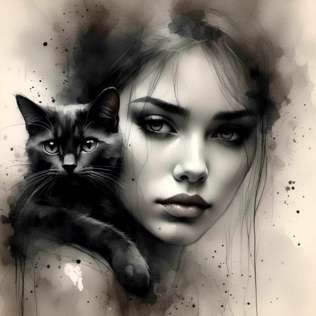 Emotional Woman with Black Cat in Charcoal Style