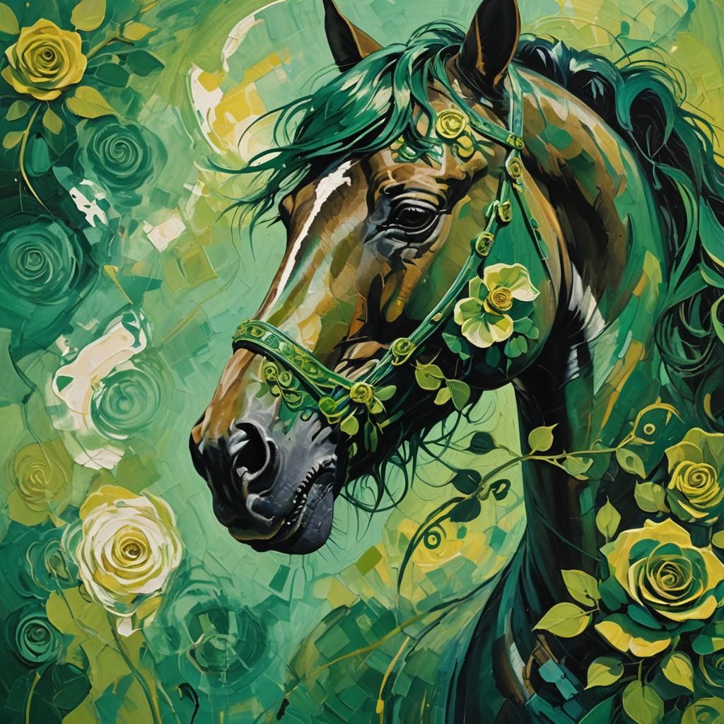 Horse with Green Rose: Abstract Expressionism Close-Up