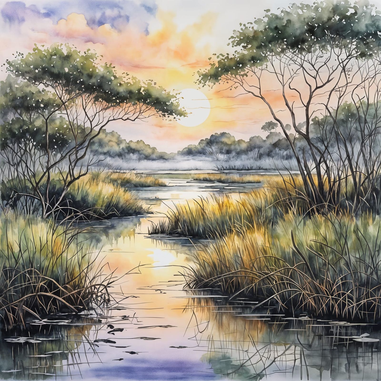 Serene Sunrise Over Mangrove Trails in Watercolor Style
