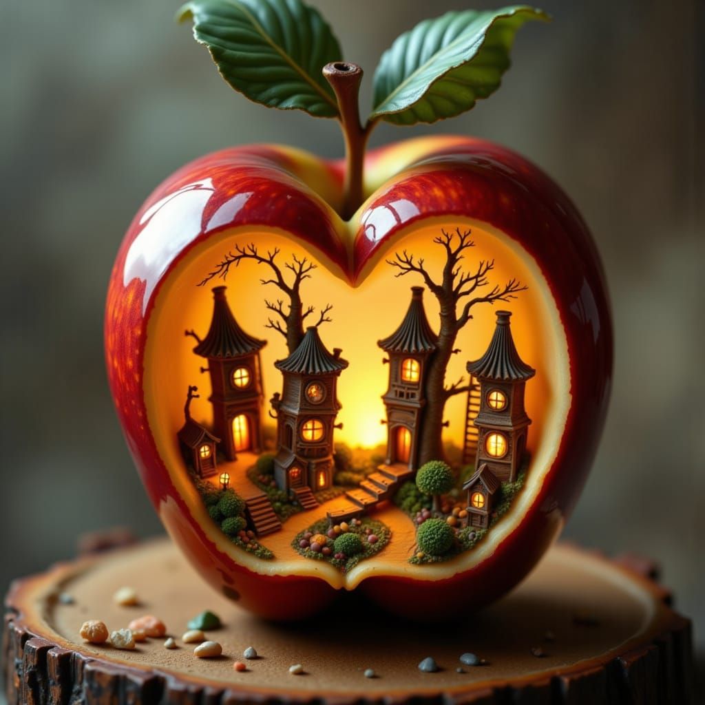 Apple Slice Village With Caramel Ladders and Glowing Lantern...