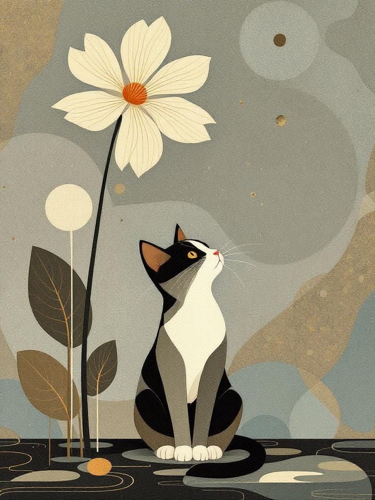 Cat Under Flower in Art Nouveau Style