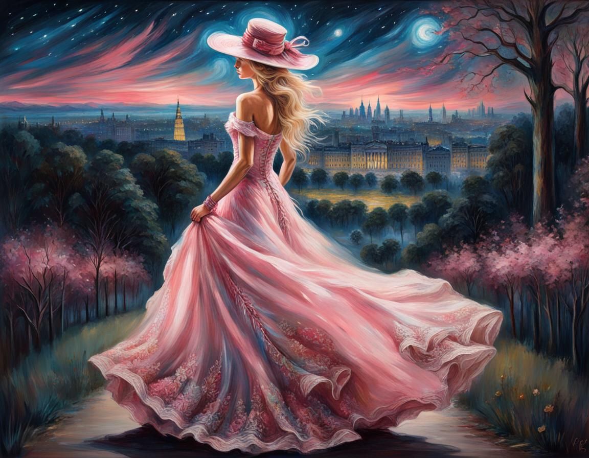 Chalk Art Woman in 1880s Park with City View