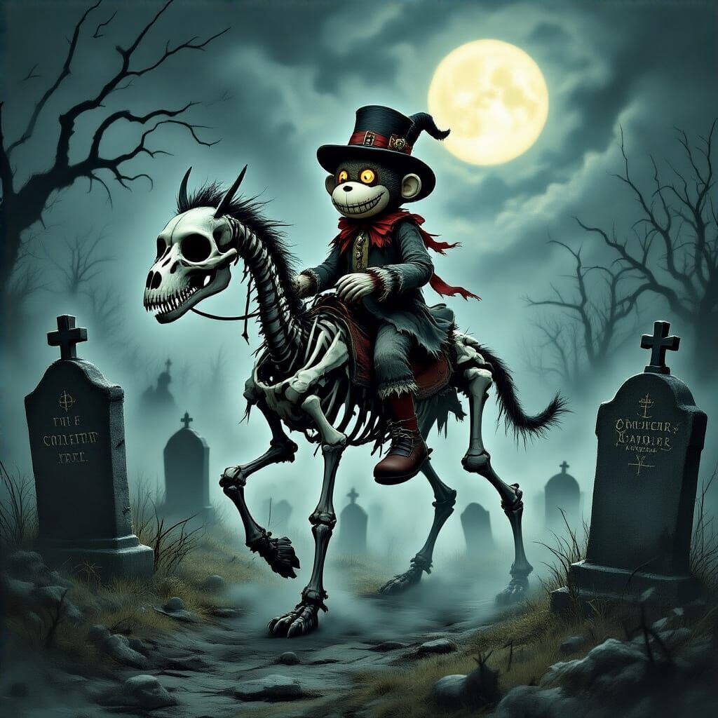 Sock Monkey Rides Skeletal Steed in Moonlit Graveyard