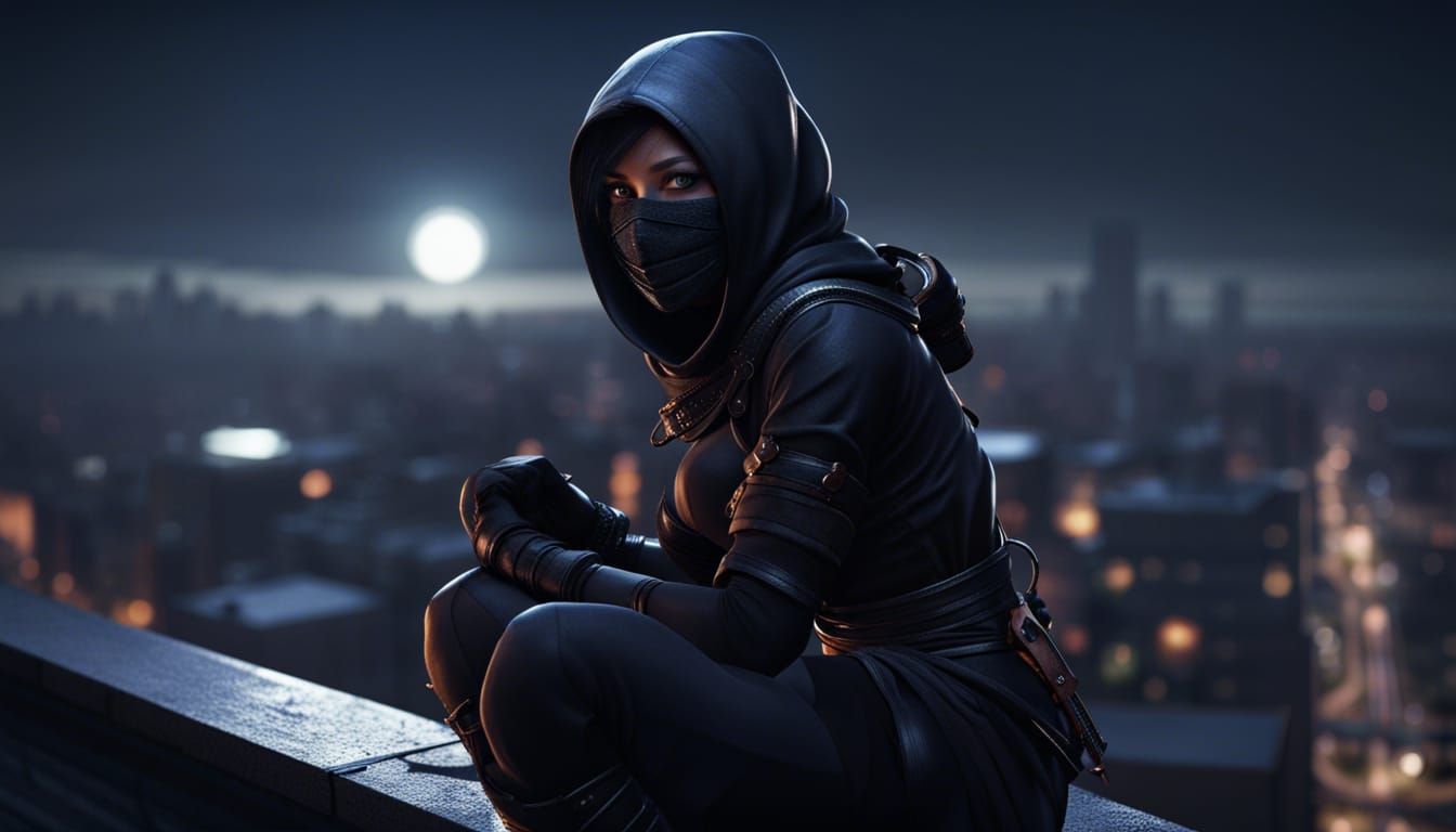 Night Ninja on Rooftop in Dark Fantasy Style