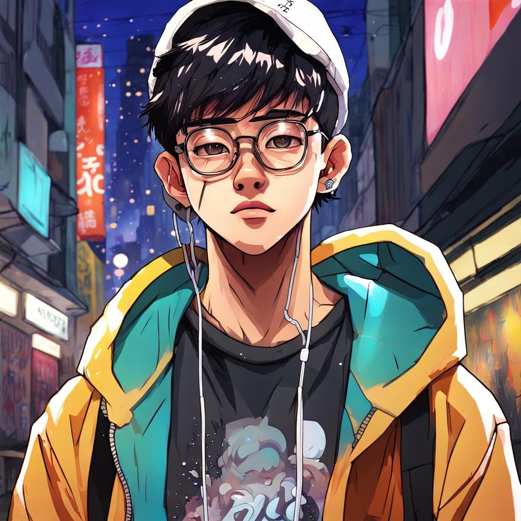 Asian twink cute boy, stunning eyesight, muscular , adorable, circle frame glasses, walking in Japan night city-street ,...