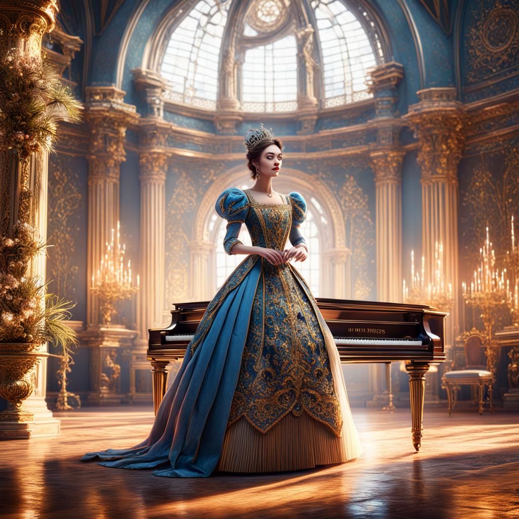Beautiful Princess Plays Piano: Detailed Matte Painting