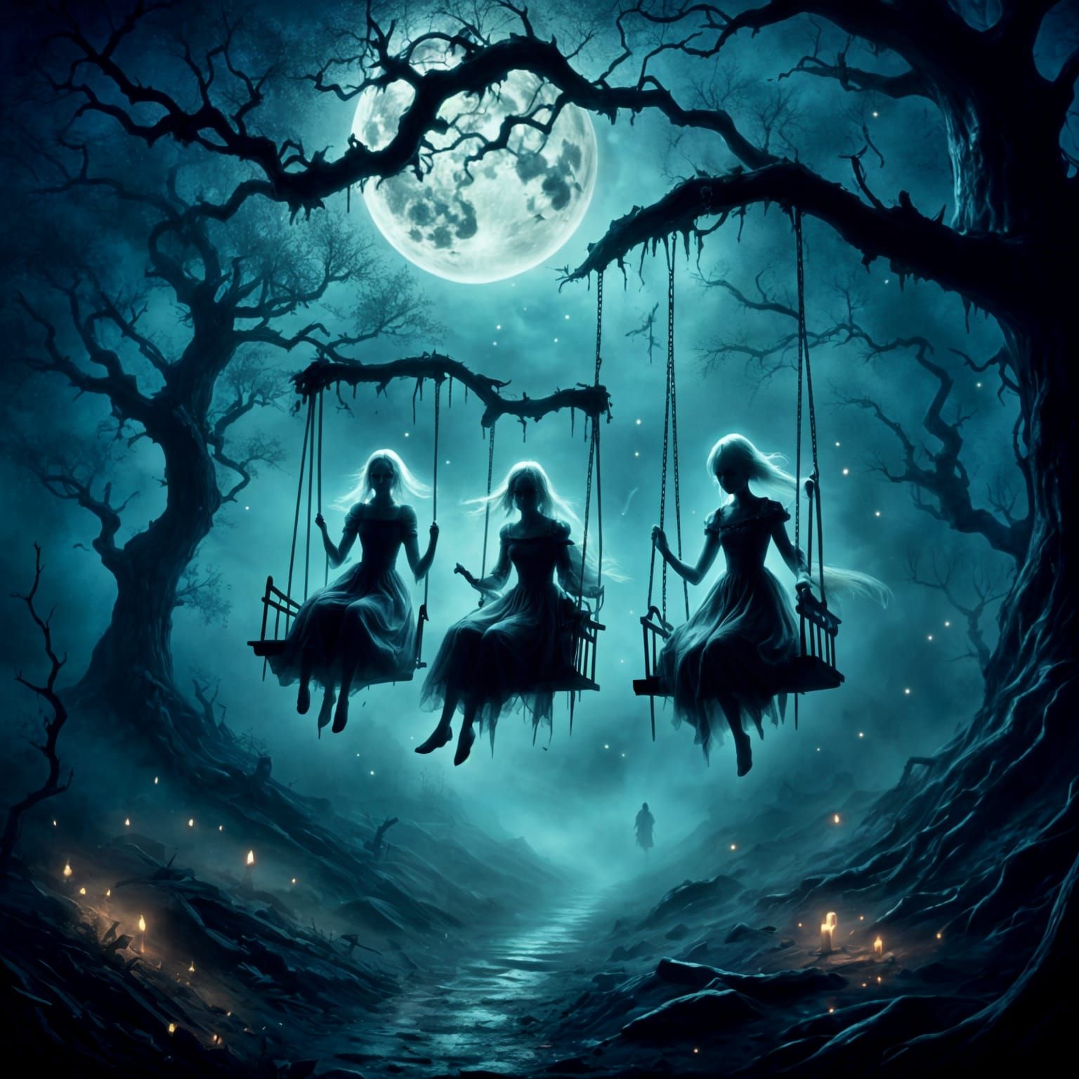 ghostly spirits of children swing silently