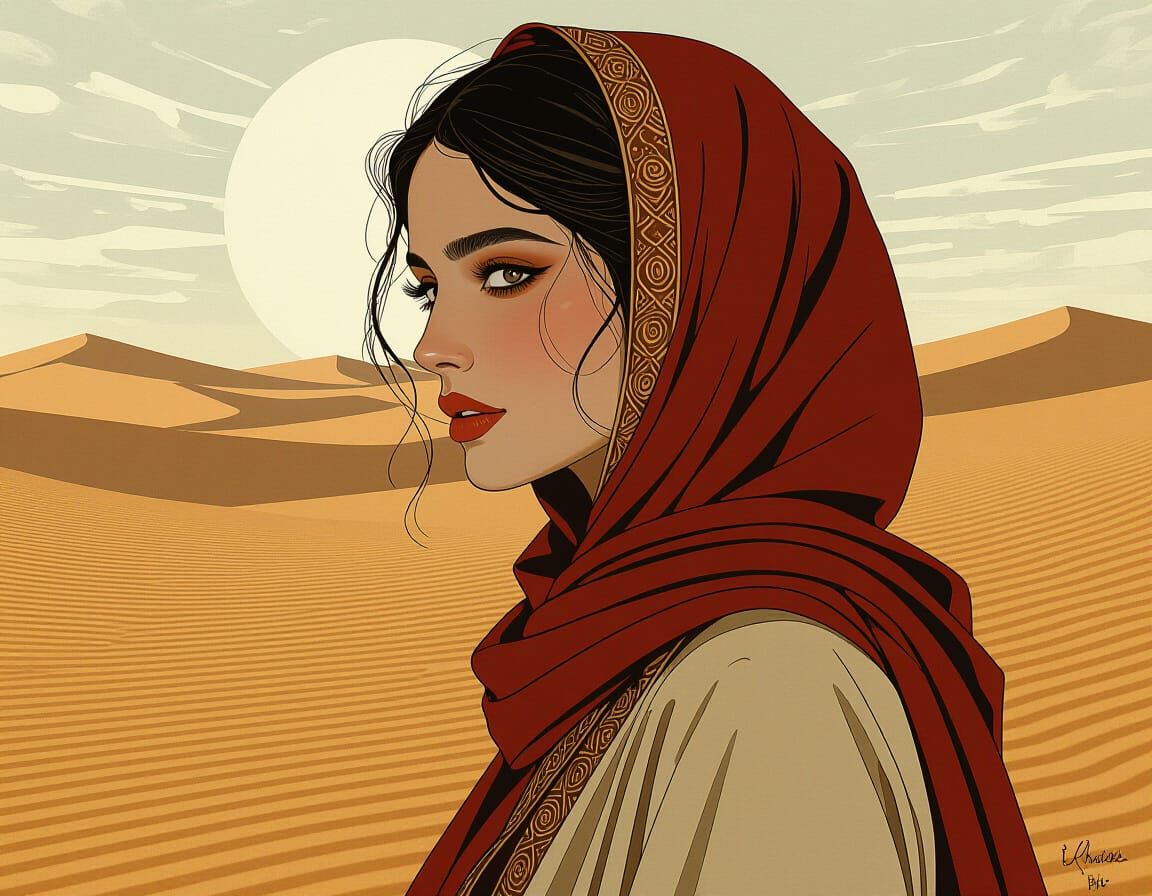 Ethereal Bedouin Woman in Shifting Sands, Mucha Style