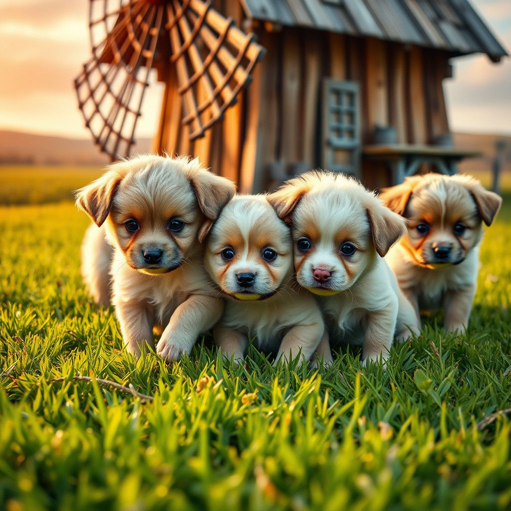 Adorable Puppies Playing by Windmill: Hyperrealistic Digital...