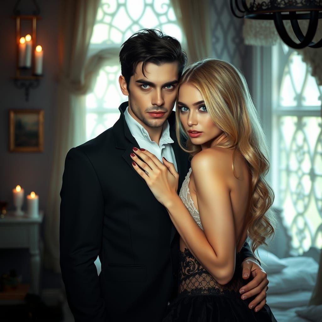 Gothic Vampire in Bedroom with Blonde Female