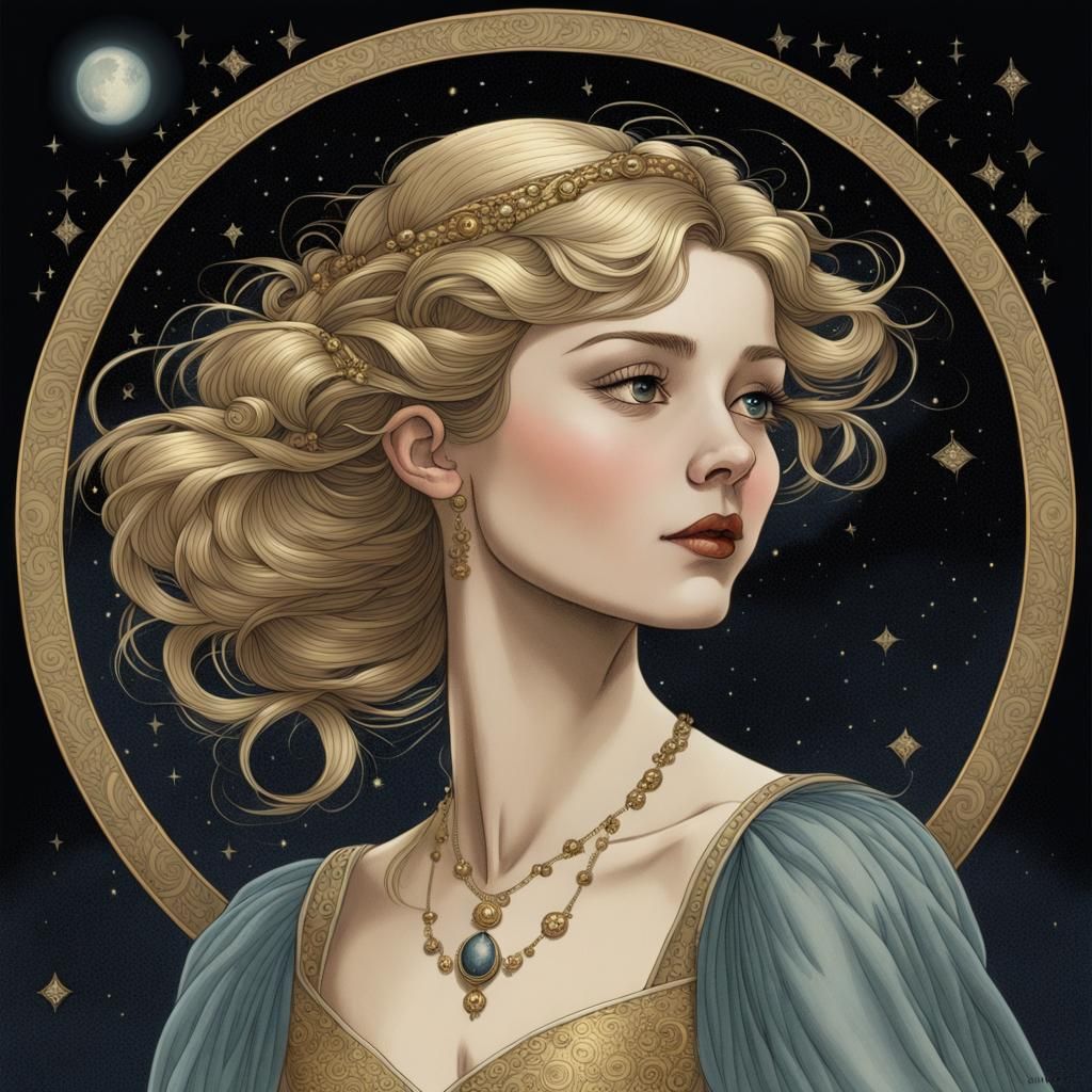 Ethereal Maiden Portrait with Gold Engravings